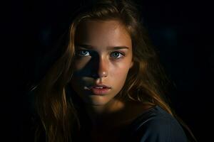 ein schön jung Frau mit Blau Augen im das dunkel generativ ai foto
