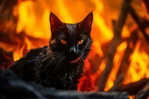 ein schwarz Katze ist Sitzung im Vorderseite von ein Feuer generativ ai foto