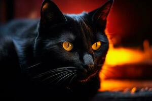 ein schwarz Katze mit Gelb Augen Sitzung im Vorderseite von ein Feuer generativ ai foto