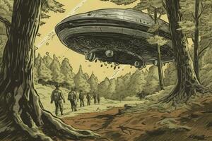 UFO Raumschiff Soldaten Wald. generieren ai foto