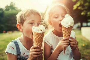 Kinder Essen Eis Sahne Sommer. generieren ai foto