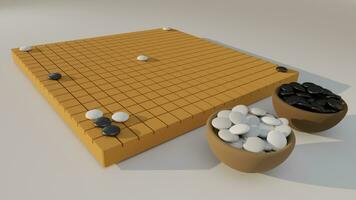 3d Rendern von gehen, ich gehe, wei Chi oder Weiqi, japanisch Brettspiel, schwarz und Weiß gehen Steine im Schalen mit Tafel unter Sanft Licht foto