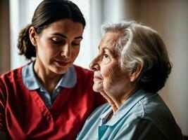 Foto von Frau nehmen Pflege Senior Frau beim heim, generativ ai