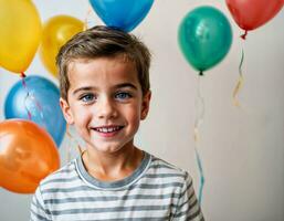 Foto Fotoshooting von Kind mit Luftballons auf Weiß Hintergrund, generativ ai