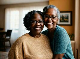 Foto von schwarz Frau nehmen Pflege Senior schwarz Frau beim heim, generativ ai