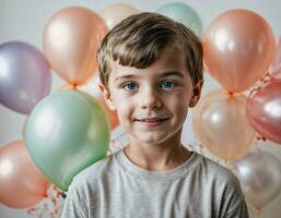 Foto Fotoshooting von Kind mit Luftballons auf Weiß Hintergrund, generativ ai