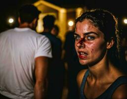 Foto Gruppe von Wut wütend Teenager Hochschule Mädchen Kampf das andere mit Wunde auf Gesicht, generativ ai