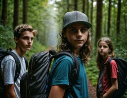 Foto Gruppe von Teenager wie ein Backpacker im das dunkel Holz, generativ ai