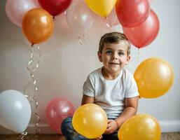 Foto Fotoshooting von Kind mit Luftballons auf Weiß Hintergrund, generativ ai