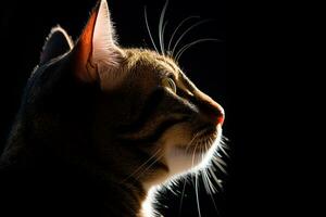 ein Katze ist silhouettiert gegen ein schwarz Hintergrund generativ ai foto