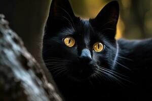 ein schließen oben von ein schwarz Katze mit Gelb Augen generativ ai foto
