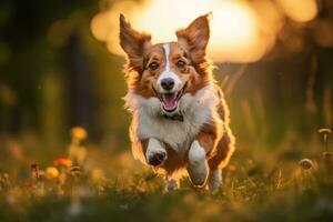 ein Hund Laufen durch ein Feld beim Sonnenuntergang generativ ai foto