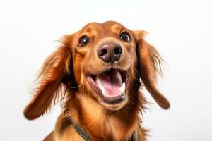 ein Hund mit es ist Mund öffnen auf ein Weiß Hintergrund generativ ai foto
