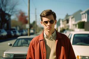 ein jung Mann tragen Sonnenbrille und ein rot Jacke Stehen im Vorderseite von ein geparkt Auto generativ ai foto