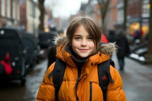 ein jung Mädchen im ein Orange Jacke Stehen auf das Straße generativ ai foto