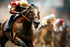 Jockey beim Pferd Rennen Wettbewerb. generativ ai foto