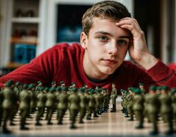 Foto von Teenager Junge spielen mit Spielzeug Soldaten, generativ ai