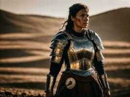 Foto von stark uralt jung weiblich Krieger mit römisch Rüstung befleckt, generativ ai