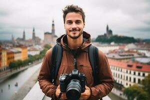 jung Mann Fotograf nimmt Fotografien mit dslr Kamera im ein Stadt. reisen, Urlaube, Fachmann freiberuflich Arbeit und aktiv Lebensstil Konzept. ai generiert foto