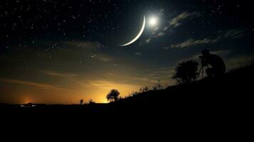 Landschaft mit Mond im Nacht Zeit. Nacht Himmel mit Sterne und Silhouette Fotograf nehmen Foto auf das Berg, generativ ai Illustration