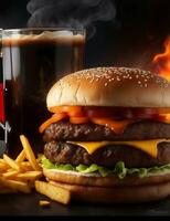 ein lecker Hamburger mit Fritten, schnell Essen, dunkel Hintergrund, isoliert, generativ ai foto