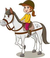 Illustration von ein wenig Mädchen Reiten ein Pferd auf ein Weiß Hintergrund foto