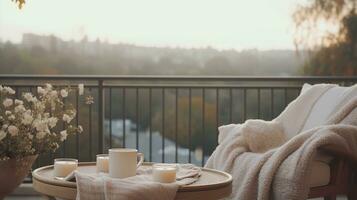 generativ ai, gemütlich Balkon im stumm geschaltet neutral Farben mit Decke, Stuhl und Kerzen. Sanft Sofas und Stühle zum entspannen, Bohemien Ideen foto