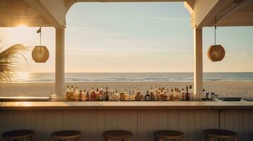 generativ ai, Sommer- Sonnenuntergang Strand Bar Hintergrund. draussen Restaurant, LED Licht Kerzen und hölzern Tische, Stühle unter schön Sonnenuntergang Himmel, Meer Sicht. foto