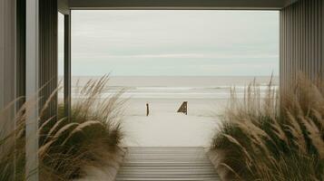 generativ ai, Strand ästhetisch Villa Haus und Küste Landschaft, stumm geschaltet Farben, Minimalismus foto