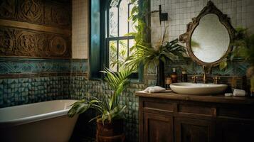 generativ ai, retro Boho Hotel Badezimmer, puerto rico Stil. hell Farben und Pflanzen foto