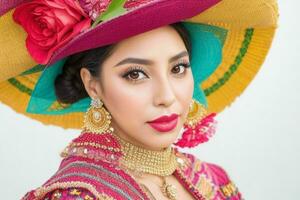 Porträt von ein modisch schön Frau im traditionell Kleider tragen ein Hut foto