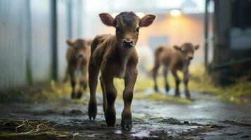 generativ ai, wenig Kälber suchen beim das Kamera auf ein Bauernhof, Baby Kühe foto