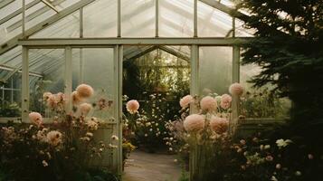 generativ ai, schön ästhetisch Privat Garten mit viele Blumen und Pflanzen, Natur Landschaft, stumm geschaltet neutral Farben foto