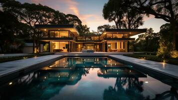 generativ ai, Aussicht von Schwimmen Schwimmbad im Vorderseite von ein modern Luxus Haus beleuchtet im das Abend foto