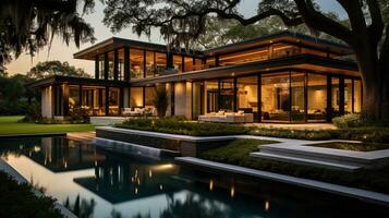 generativ ai, Aussicht von Schwimmen Schwimmbad im Vorderseite von ein modern Luxus Haus beleuchtet im das Abend foto