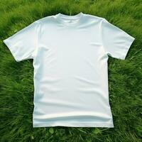 ai generativ hoch Qualität von leer Weiß T-Shirt auf das Grün Gras, perfekt zum Attrappe, Lehrmodell, Simulation Vorschau foto