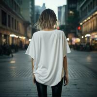 ai generiert Mädchen Modell- tragen leer Weiß Übergröße t - - Shirt. la Straße. zurück Sicht. modern Stil foto