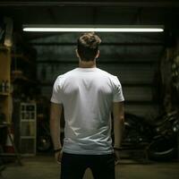 ai generativ ein Mann tragen ein einfach Weiß t - - Hemd auf das Garage gegenüber rückwärts, perfekt zu erstellen T-Shirt Attrappe, Lehrmodell, Simulation foto