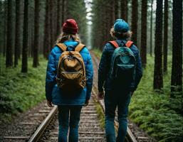 Foto Gruppe von Teenager wie ein Backpacker im das dunkel Holz, generativ ai