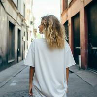 ai generiert Mädchen Modell- tragen leer Weiß Übergröße t - - Shirt. la Straße. zurück Sicht. modern Stil foto