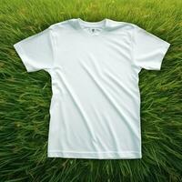 ai generativ hoch Qualität von leer Weiß T-Shirt auf das Grün Gras, perfekt zum Attrappe, Lehrmodell, Simulation Vorschau foto