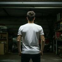 ai generativ ein Mann tragen ein einfach Weiß t - - Hemd auf das Garage gegenüber rückwärts, perfekt zu erstellen T-Shirt Attrappe, Lehrmodell, Simulation foto