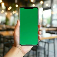 ai generativ Frauen Hand halten Clever Telefon mit das Bildschirm ist leer einfach hell Grün, verwischen Cafe Hintergrund foto