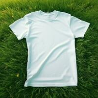 ai generativ hoch Qualität von leer Weiß T-Shirt auf das Grün Gras, perfekt zum Attrappe, Lehrmodell, Simulation Vorschau foto