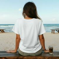 ai generiert Frau sitzen auf das Strand Cafe, tragen ein leer Weiß T-Shirt, gegenüber rückwärts foto