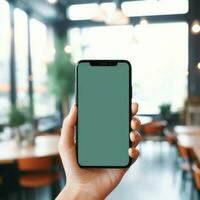 ai generativ Frauen Hand halten Clever Telefon mit das Bildschirm ist leer einfach hell Grün, verwischen Cafe Hintergrund foto