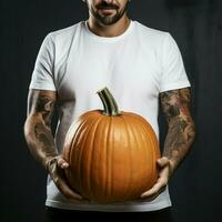 ai generativ Foto von ein Mann halten Halloween Kürbis im Hand, tragen ein einfach Weiß T-Shirt