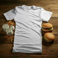 ai generiert leer Weiß T-Shirt Lügen im ein Schlafen Position auf ein hölzern Tisch, neben es sind mehrere Burger foto