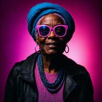 Foto von Mitte alt alt afrikanisch Frau mit mit gemischt Rosa und Blau Neon- Licht, generativ ai