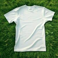 ai generativ hoch Qualität von leer Weiß T-Shirt auf das Grün Gras, perfekt zum Attrappe, Lehrmodell, Simulation Vorschau foto
